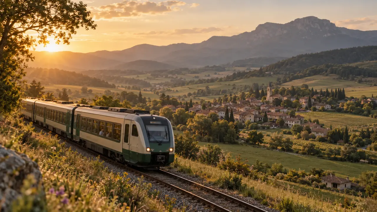 Vue depuis la fenêtre d’un train régional traversant un paysage européen au coucher du soleil