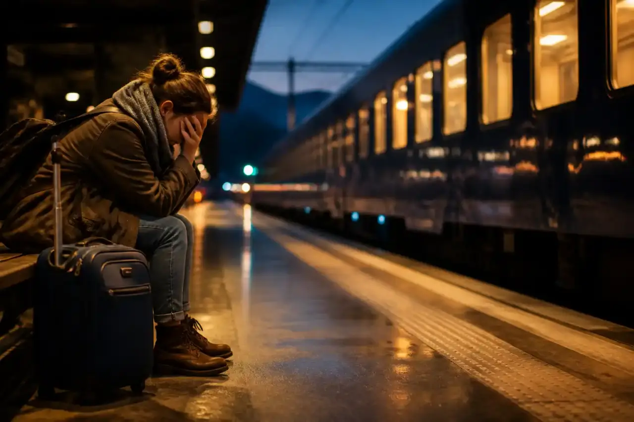 Vue depuis la fenêtre d’un train de nuit traversant un paysage européen au crépuscule, avec une tasse de café sur la tablette