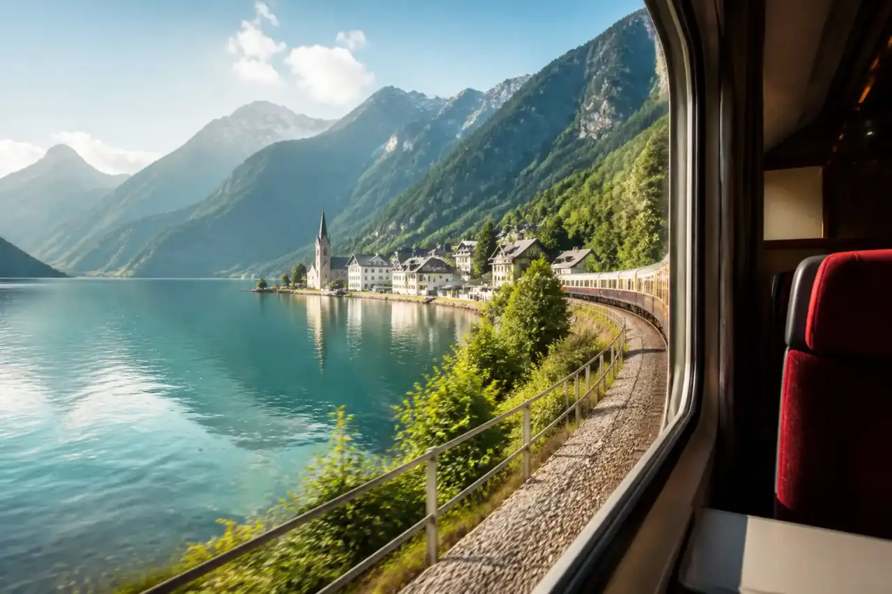 Vue depuis la fenêtre d'un train traversant un paysage européen au coucher du soleil