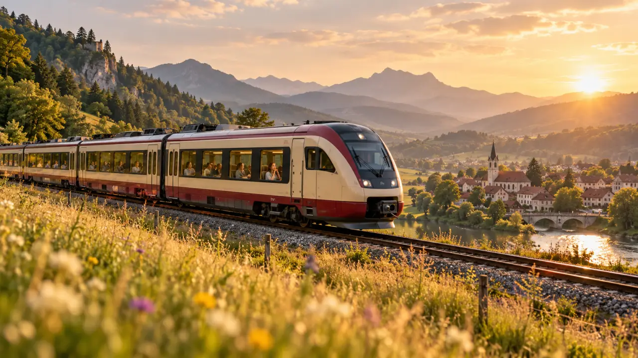 Vue depuis la fenêtre d’un train traversant un paysage européen au coucher du soleil