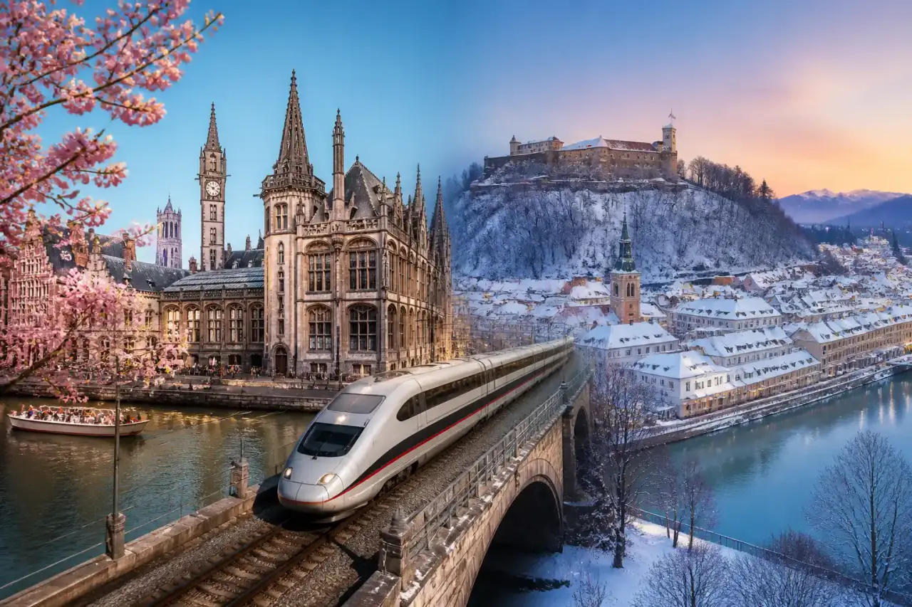 Vue depuis la fenêtre d’un train traversant un paysage européen pittoresque, avec une tasse de café sur la tablette et une lumière dorée de fin de journée