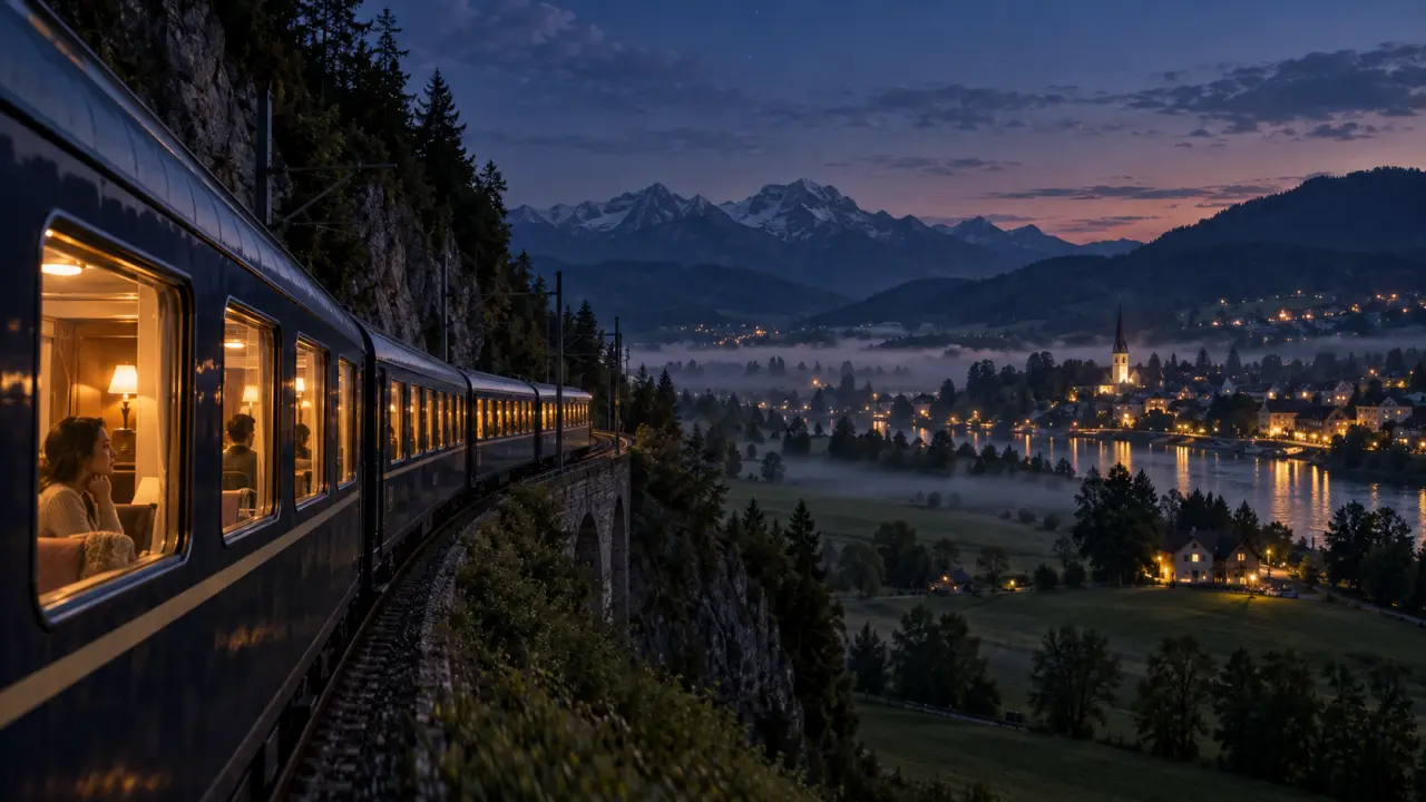 Intérieur chaleureux d'un train de nuit traversant l'Europe au coucher du soleil