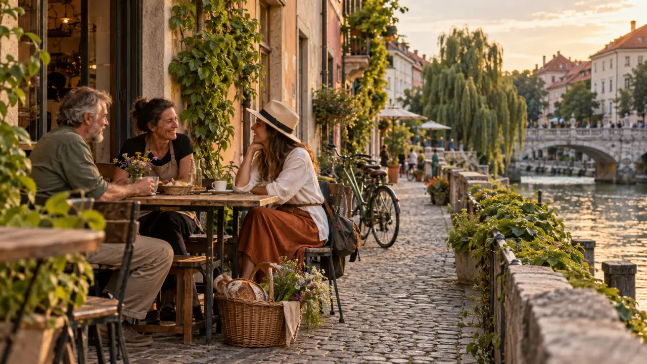 Vue chaleureuse de Ljubljana au bord de la Ljubljanica