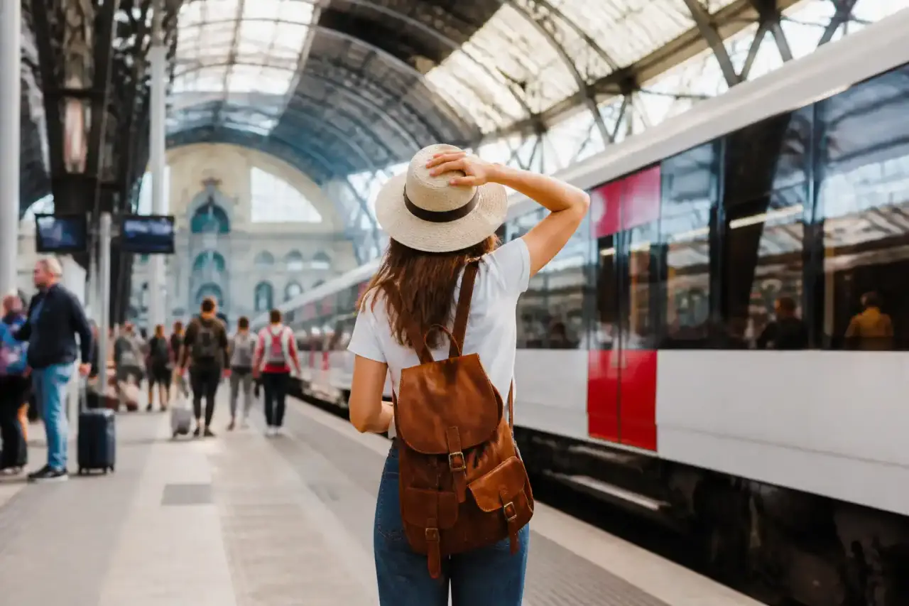 Une vue depuis la fenêtre d'un train traversant un paysage européen pittoresque