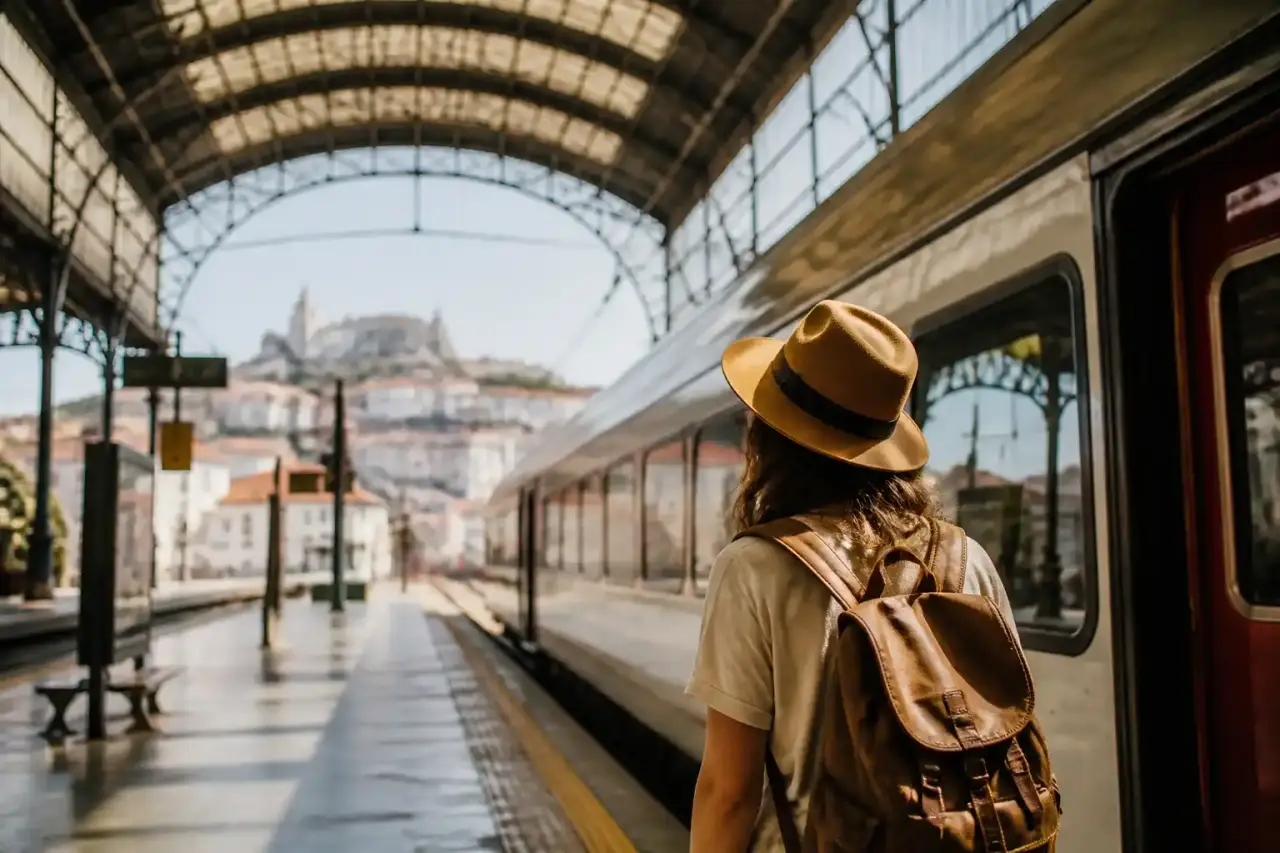 Vue depuis un train traversant un paysage européen au coucher du soleil