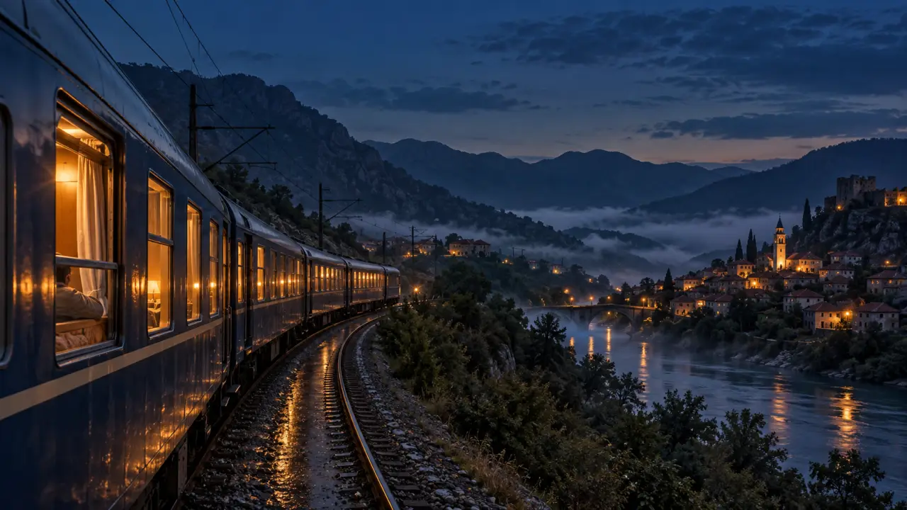 Train de nuit traversant les Balkans au lever du jour