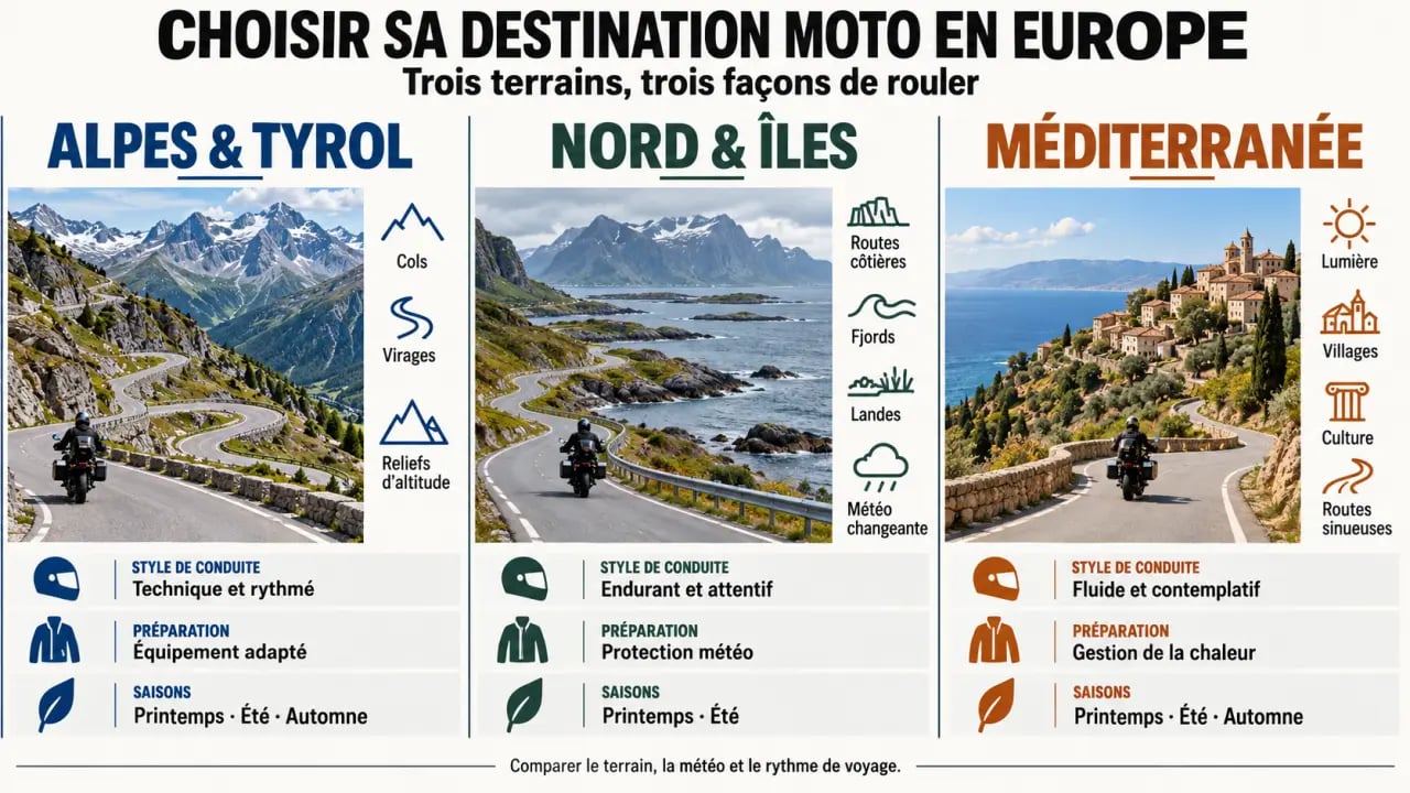 Infographie pour choisir une destination de voyage moto Europe selon le style de conduite et la saison