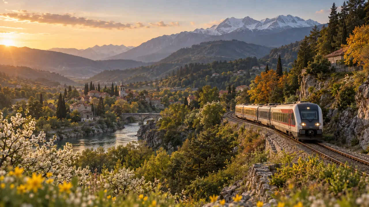 Train traversant un paysage montagneux des Balkans à la lumière dorée
