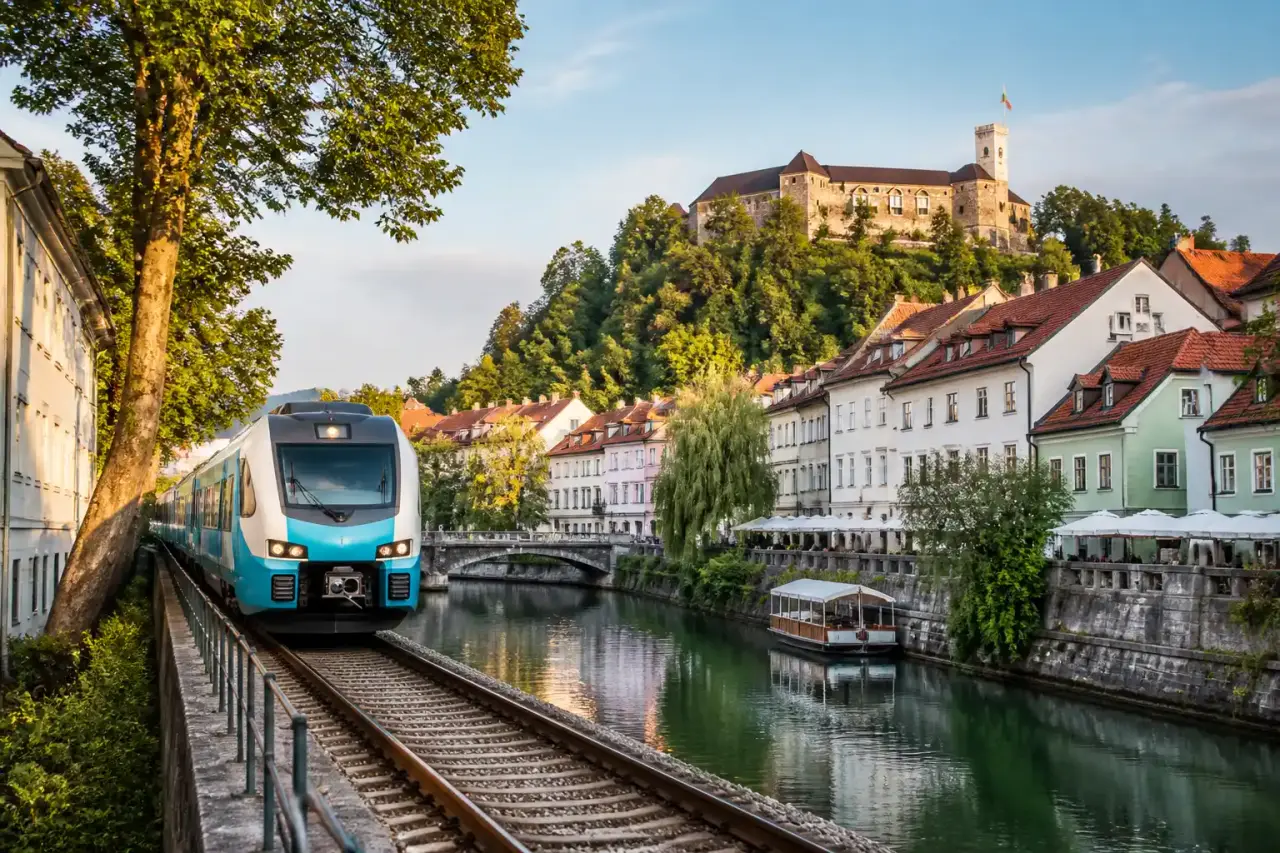 Vue depuis un train traversant un paysage européen au coucher du soleil