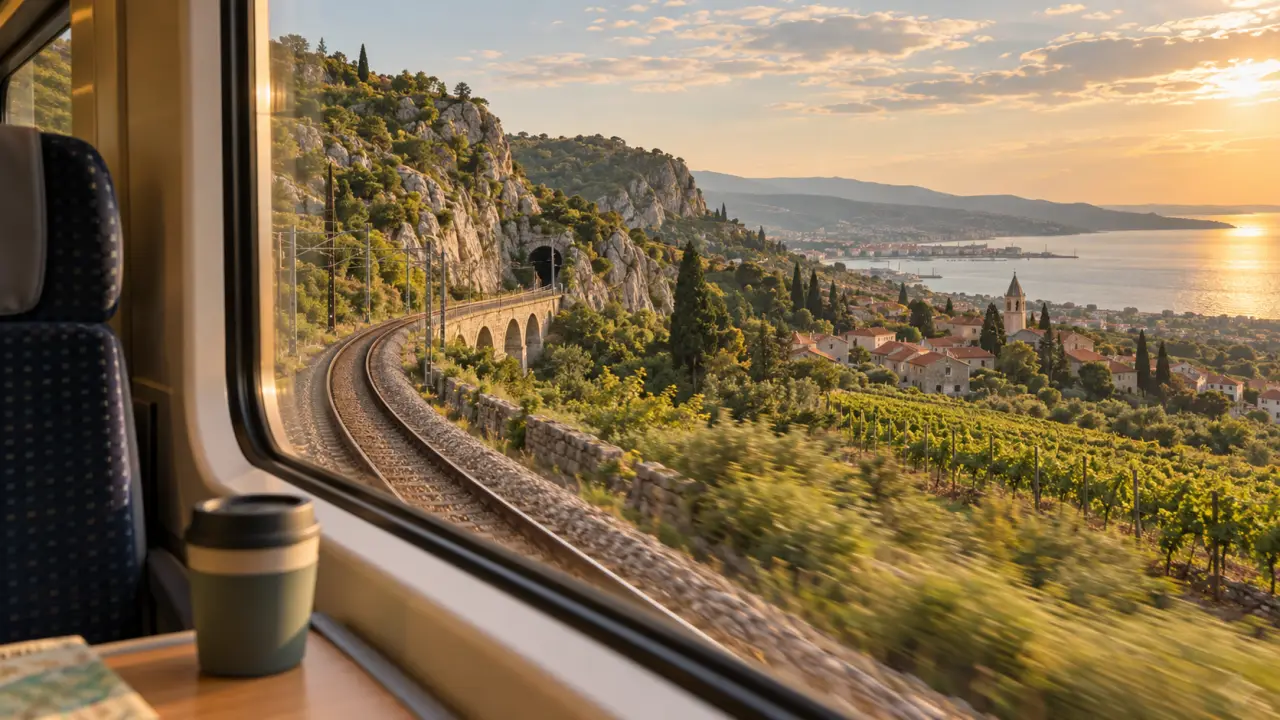 Train traversant un paysage entre Ljubljana et Trieste