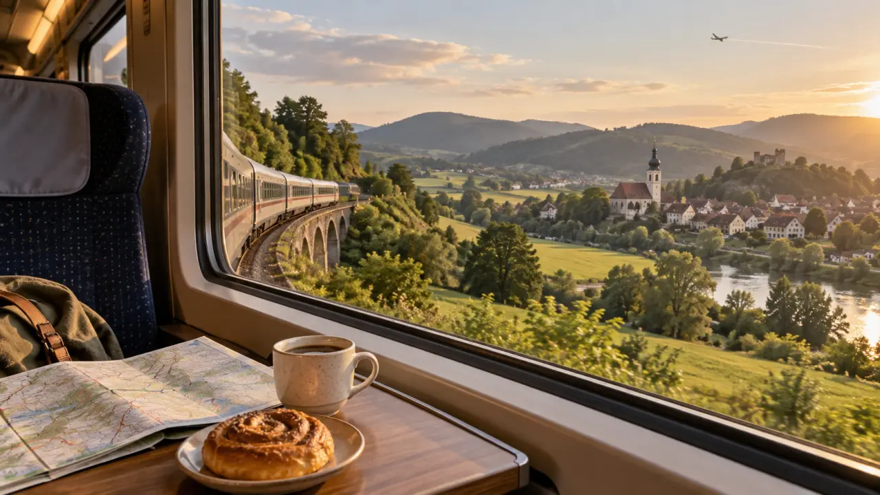 Vue depuis la fenêtre d’un train traversant un paysage européen au coucher du soleil