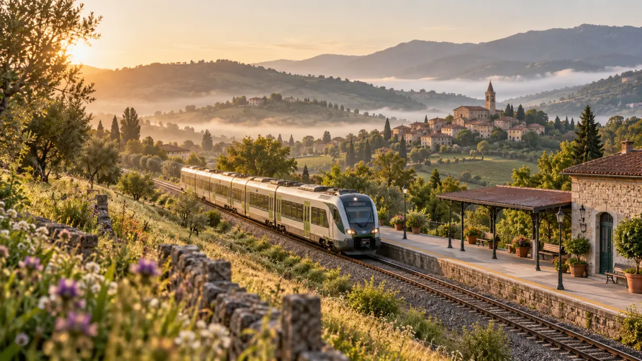 Vue depuis la fenêtre d'un train régional traversant un paysage européen