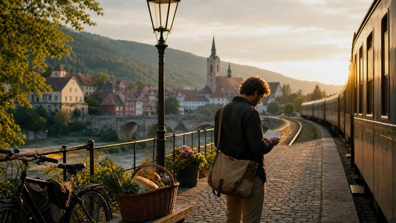 Vue depuis la fenêtre d'un train traversant un paysage européen pittoresque au coucher du soleil