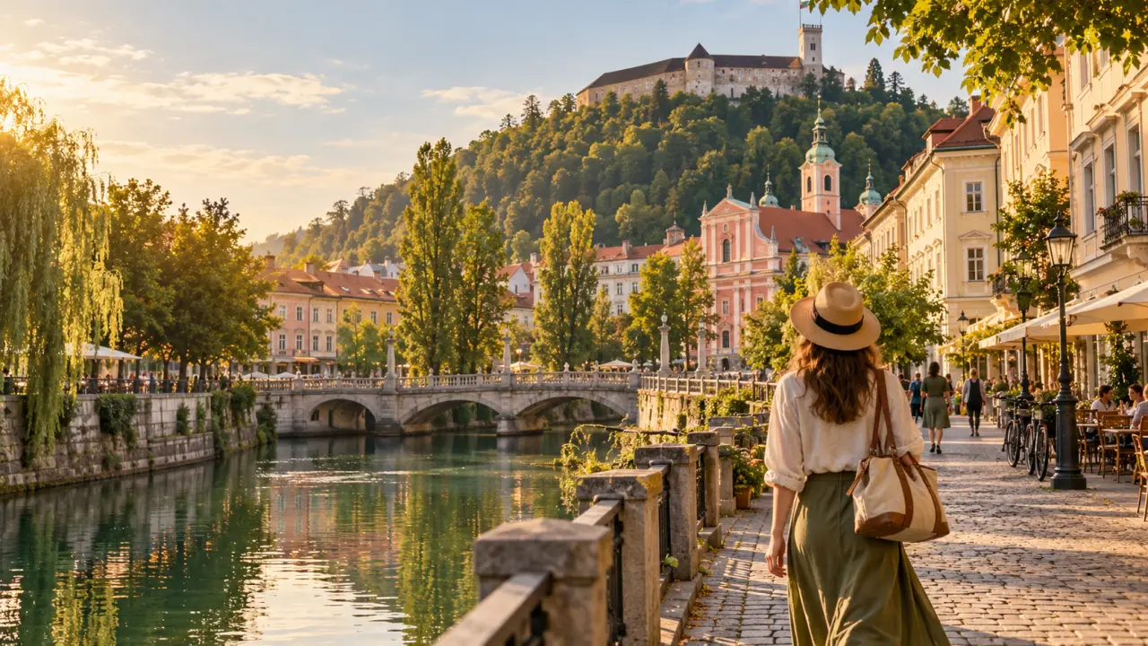Vue de Ljubljana depuis un train, avec les toits de la ville et les Alpes en arrière-plan