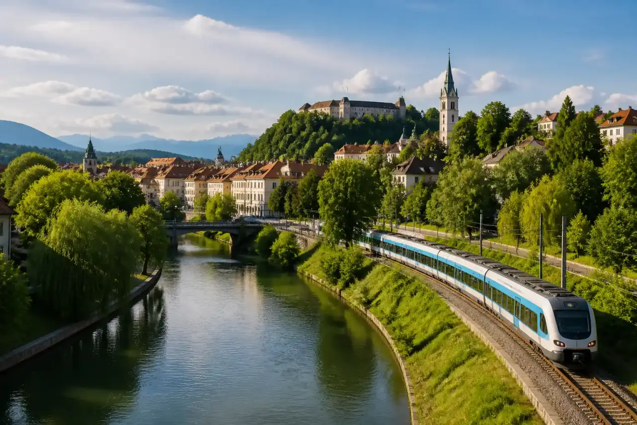 Vue depuis un train traversant un paysage européen pittoresque, avec une tasse de café au premier plan