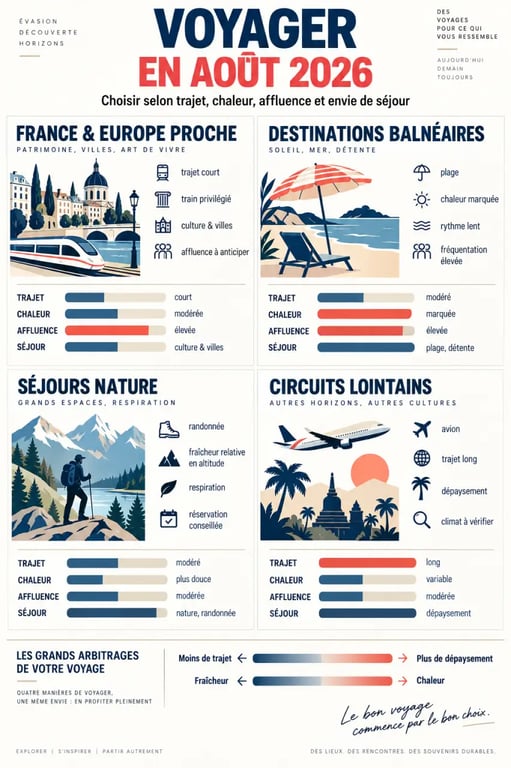 Infographie pour choisir un voyage en août 2026 selon la distance, le climat et le type de séjour