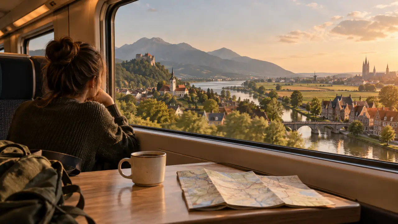 Vue depuis la fenêtre d'un train traversant un paysage européen