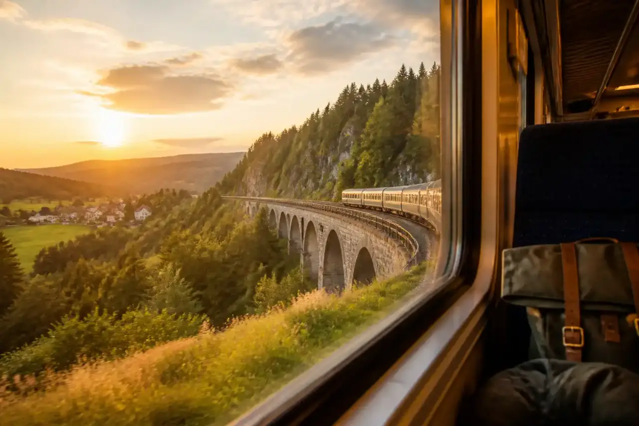 Train régional traversant les paysages verdoyants du Jura