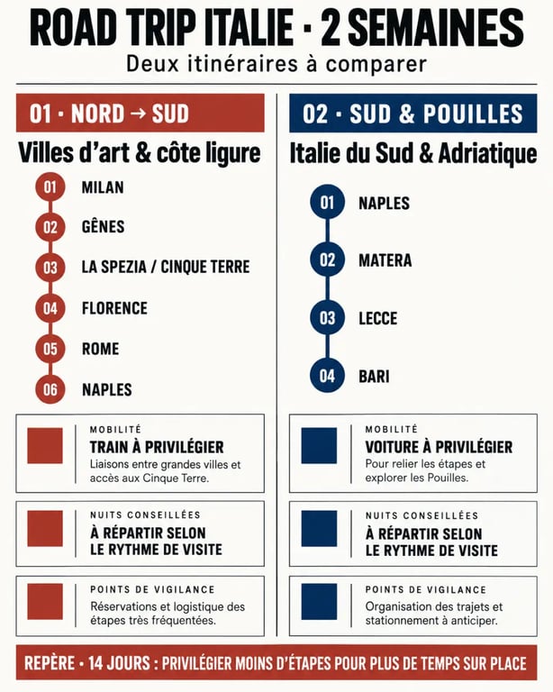 Infographie d'un road trip Italie 2 semaines avec itinéraires Nord-Sud et Sud-Pouilles