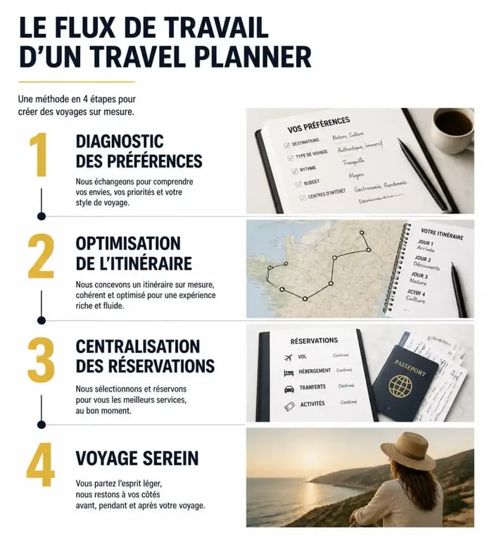 Infographie montrant les étapes d'utilisation d'un travel planner pour organiser son voyage