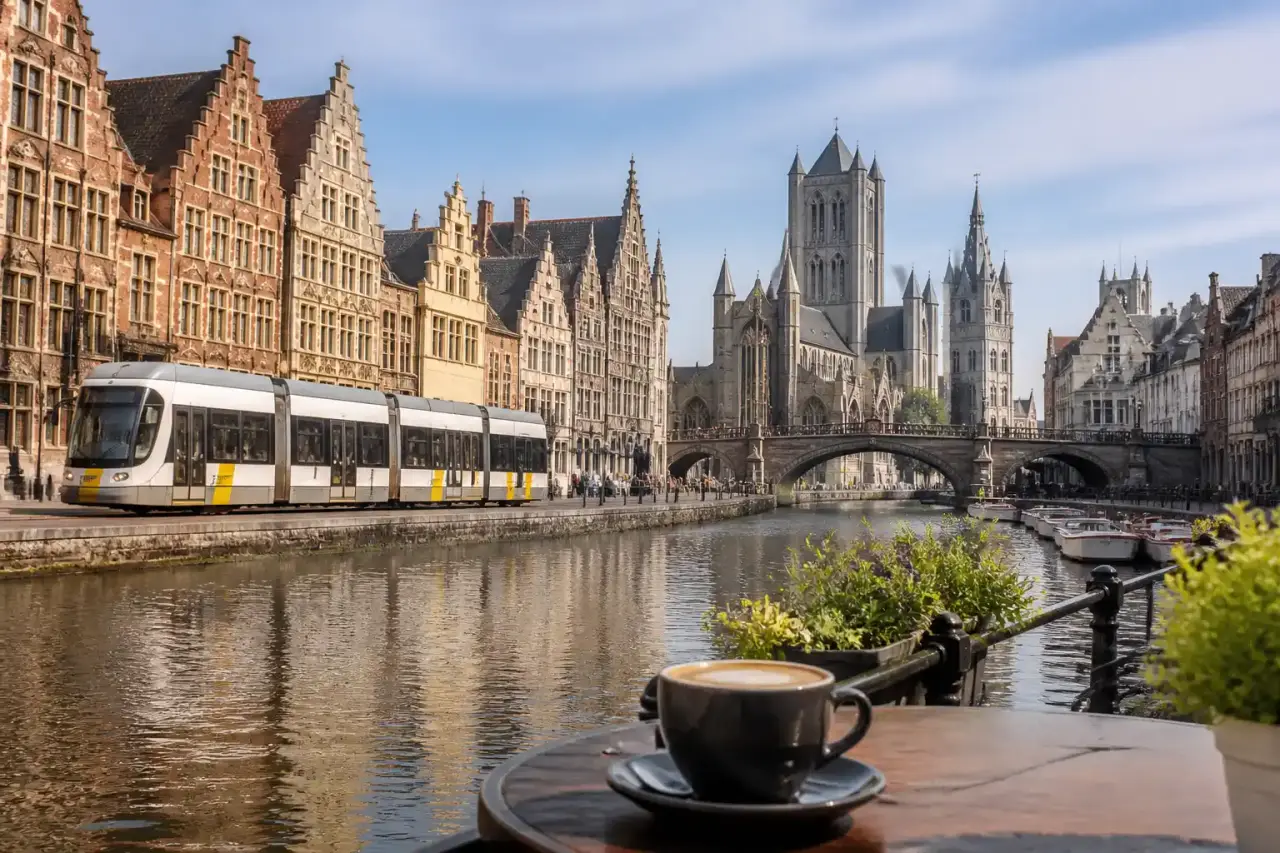 Vue immersive depuis la fenêtre d'un train traversant un paysage européen pittoresque, avec une tasse de café au premier plan