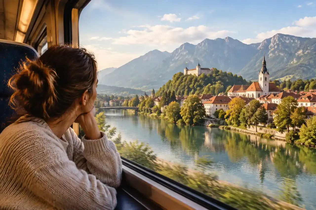 Vue depuis un train traversant les paysages verdoyants de Slovénie