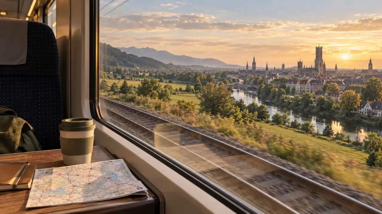 Train traversant un paysage européen entre Ljubljana et Gand