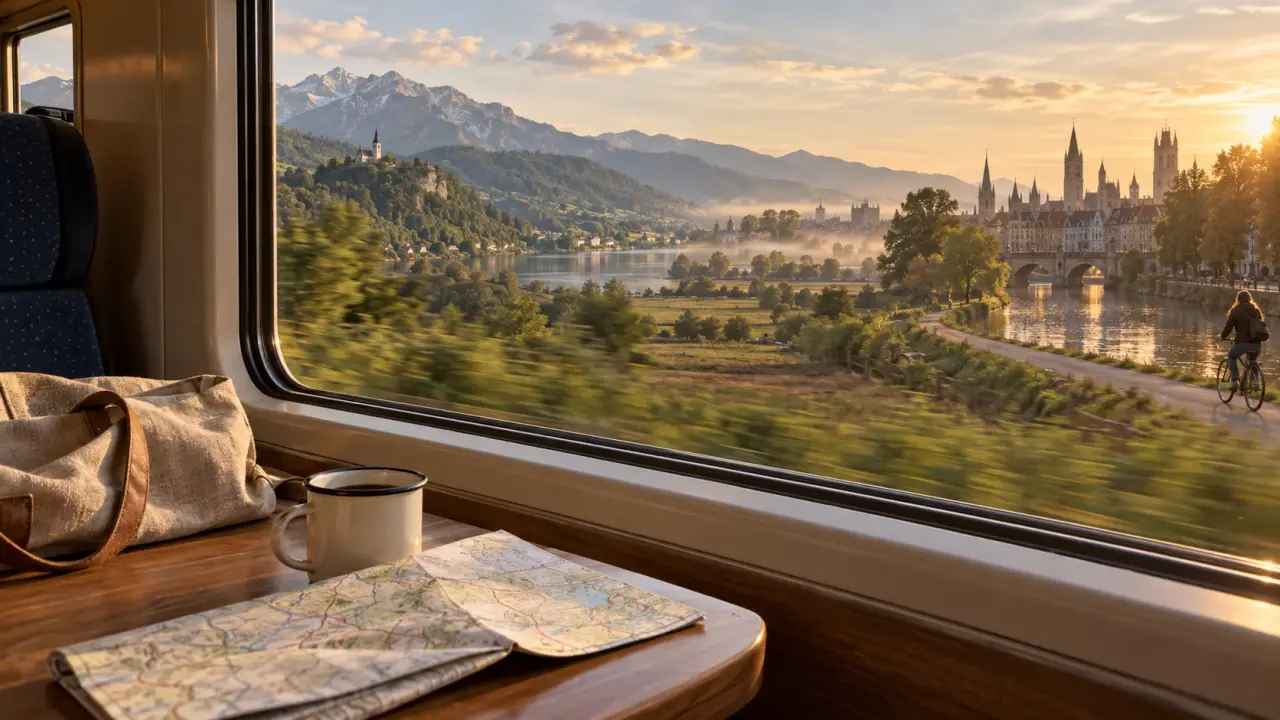Vue depuis la fenêtre d’un train traversant les paysages d’Europe centrale