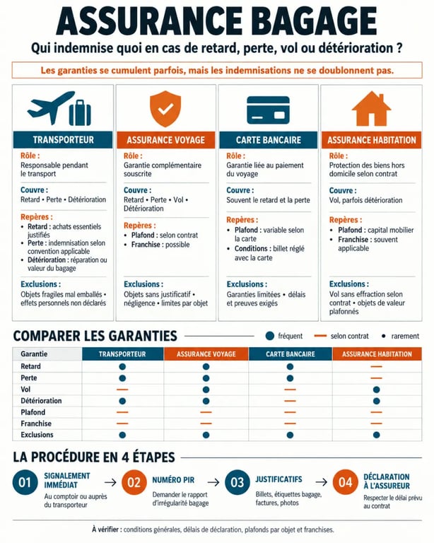 Infographie sur l’assurance bagage et les responsabilités du transporteur, de l’assureur et de la carte bancaire