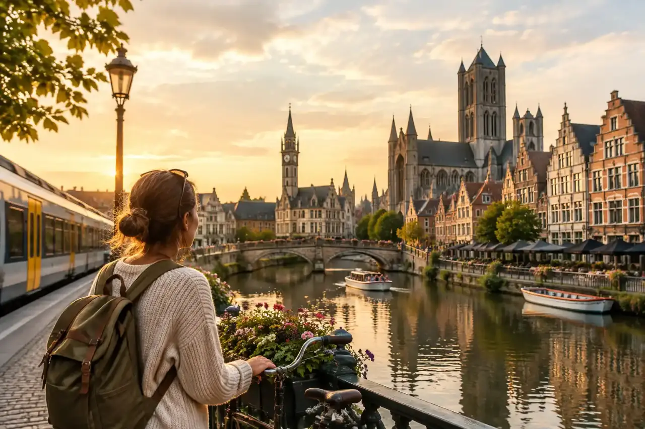 Les canaux historiques de la ville de Gand en Belgique, reflets des façades médiévales sous une douce lumière