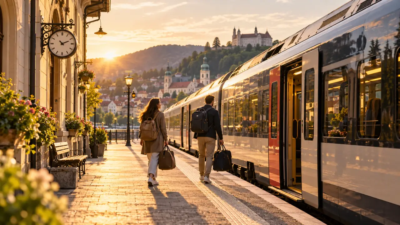 Vue depuis la fenêtre d’un train traversant un paysage européen au coucher du soleil