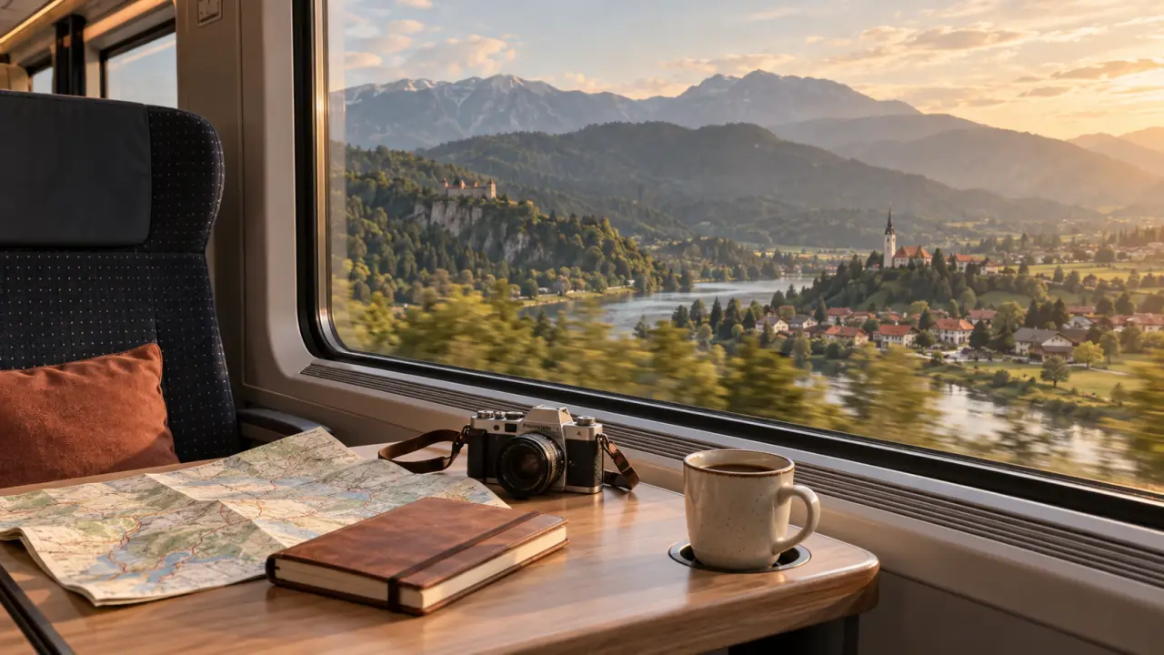 Vue depuis la fenêtre d’un train traversant un paysage alpin européen