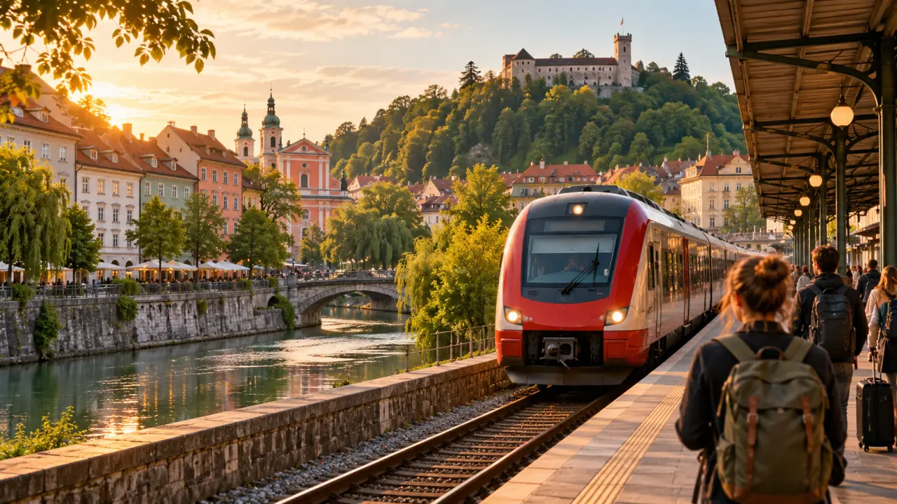 Vue d’un train traversant un paysage européen en direction de Ljubljana